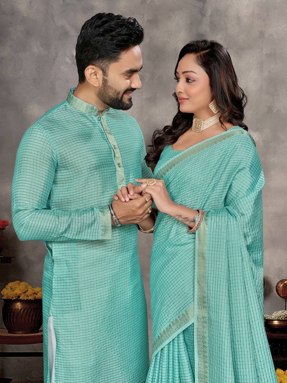 Blue Silk Men's Kurta & Female Saree Couple Combo Blue Silk Men's Kurta & Female Saree Couple Combo
