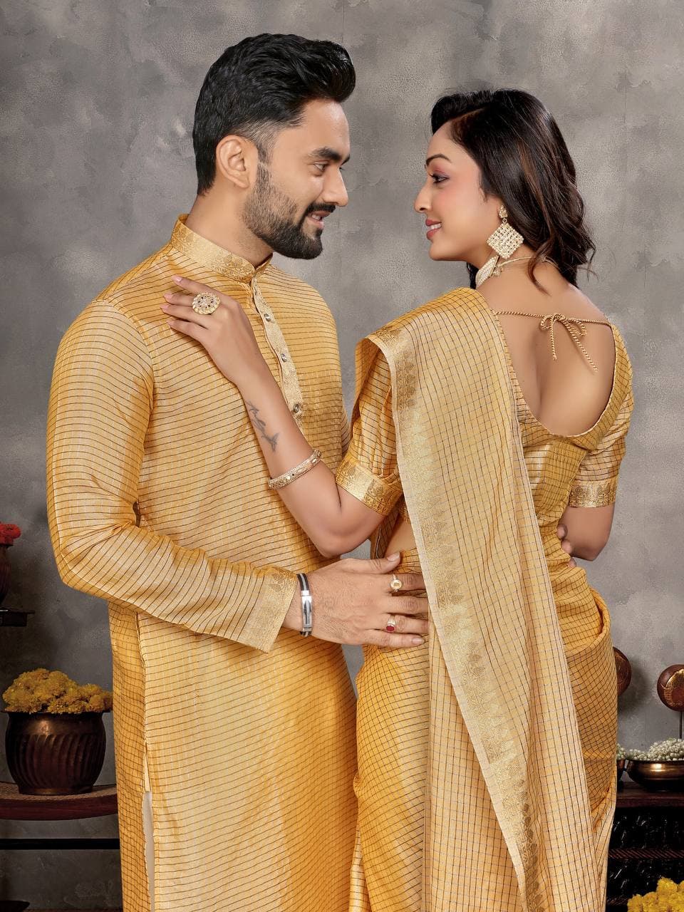 Gold Silk Men's Kurta & Female Saree Couple Combo Gold Silk Men's Kurta & Female Saree Couple Combo