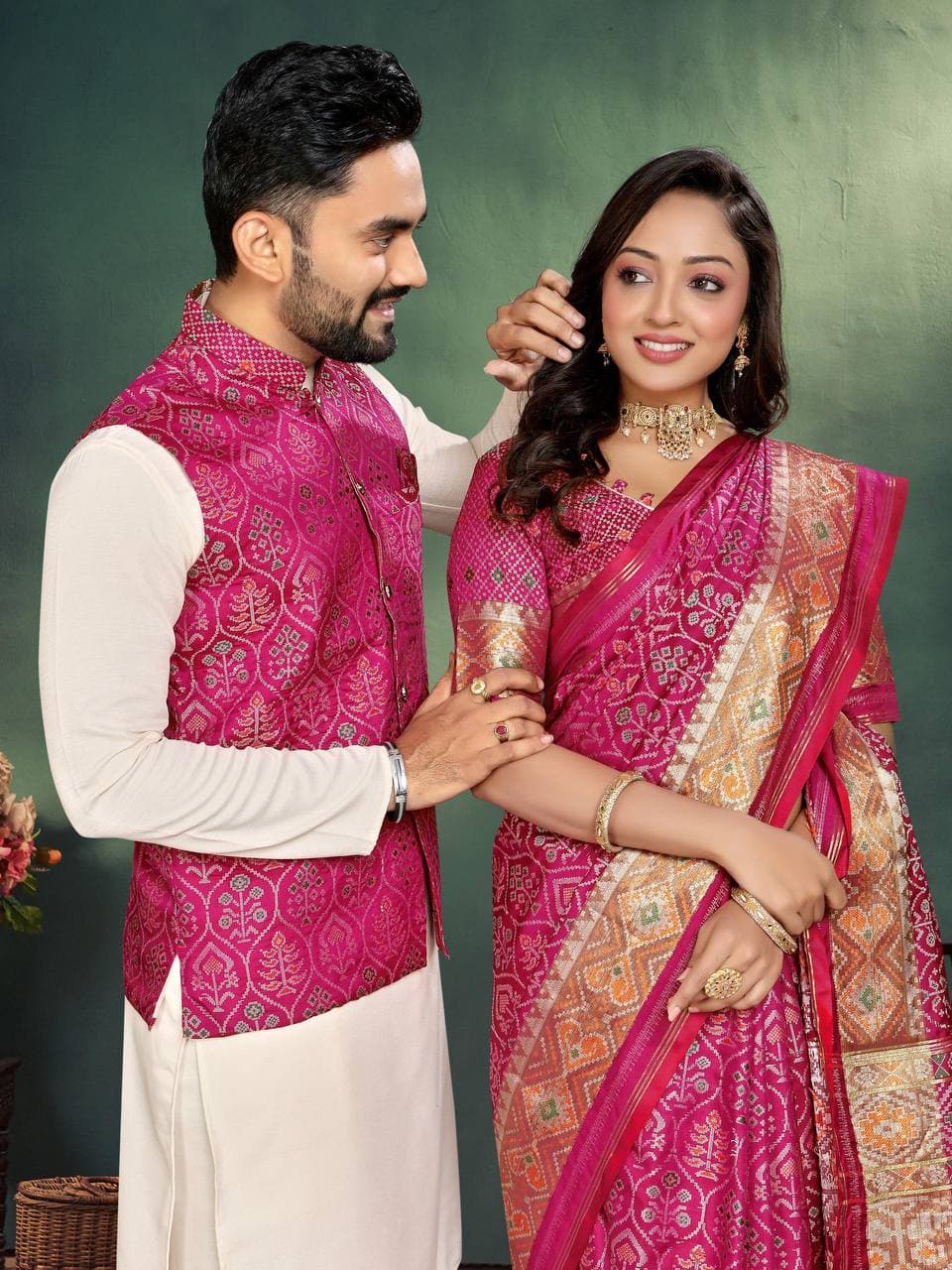 Pink Silk Men's Kurta + Koti & Female Saree Couple Combo Pink Silk Men's Kurta + Koti & Female Saree Couple Combo