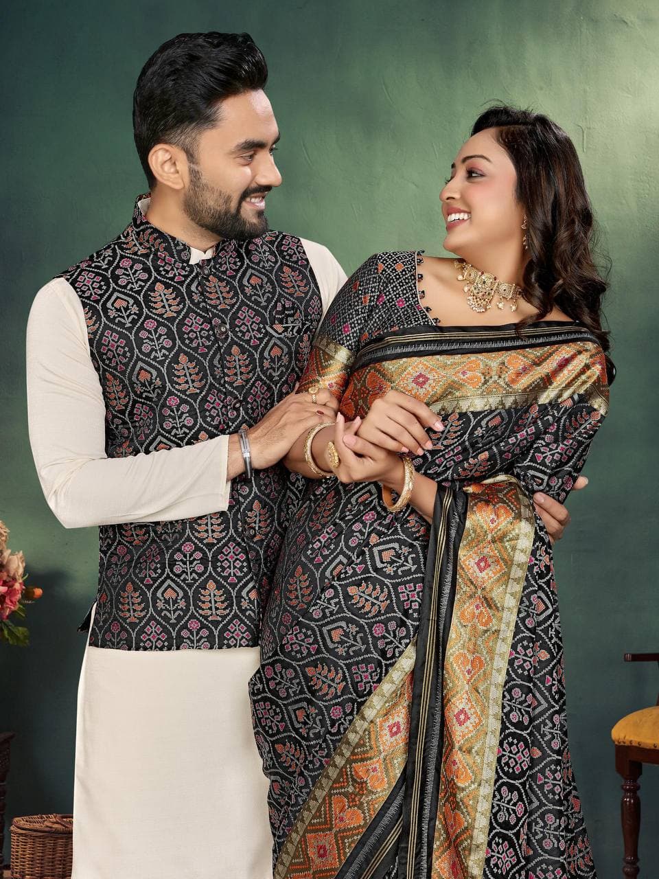 Black Silk Men's Kurta + Koti & Female Saree Couple Combo Black Silk Men's Kurta + Koti & Female Saree Couple Combo