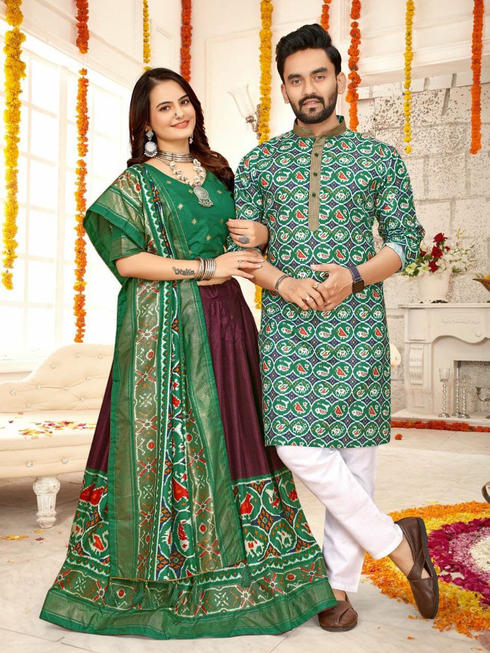 Green Silk Men's Kurta & Female Saree Couple Combo Green Silk Men's Kurta & Female Saree Couple Combo