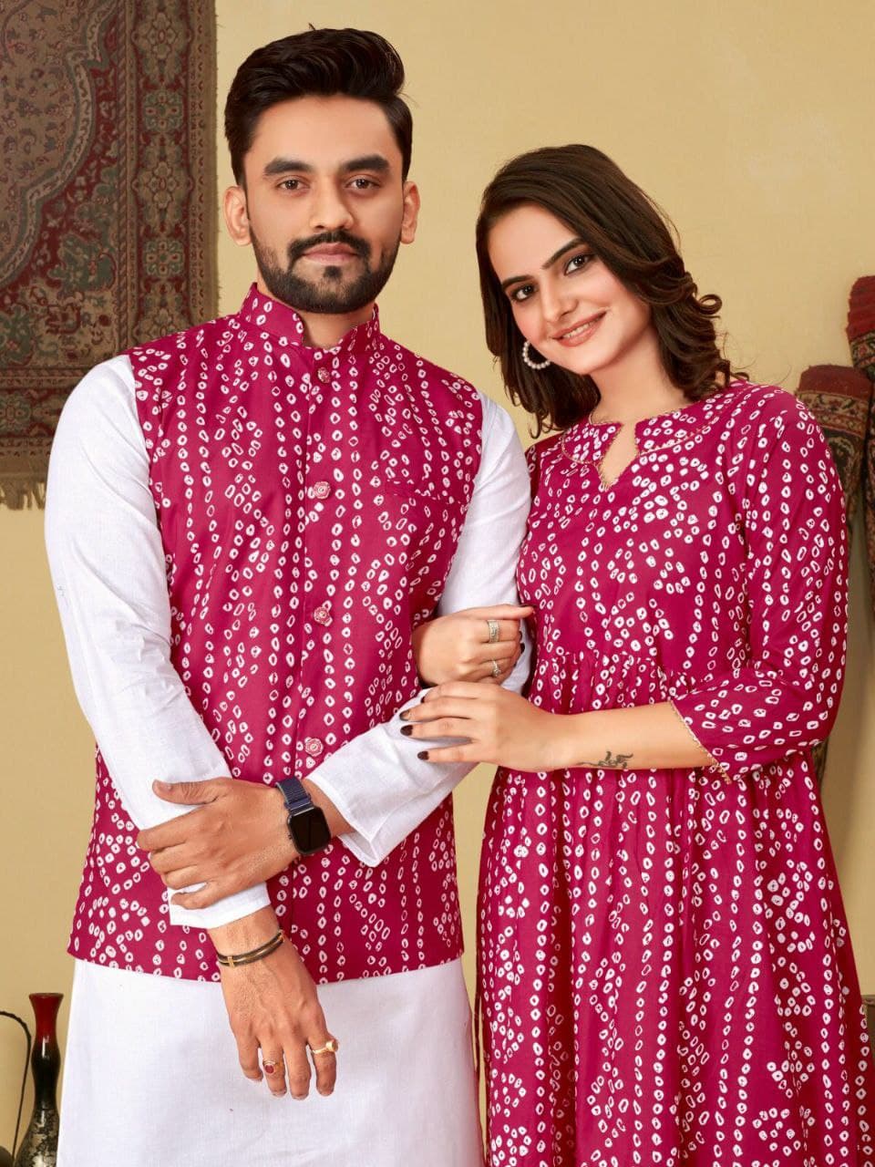Maroon Bandhani Cotton Couple Combo – Men's Kurta & Women's Kurti Set Maroon Bandhani Cotton Couple Combo – Men's Kurta & Women's Kurti Set