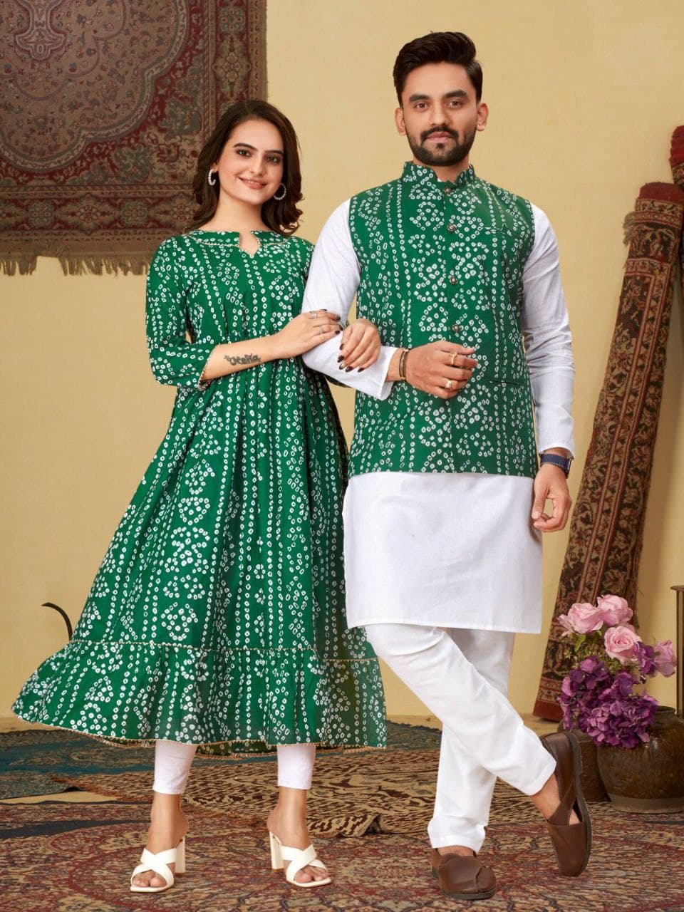 Green Bandhani Cotton Couple Combo – Men's Kurta & Women's Kurti Set Green Bandhani Cotton Couple Combo – Men's Kurta & Women's Kurti Set
