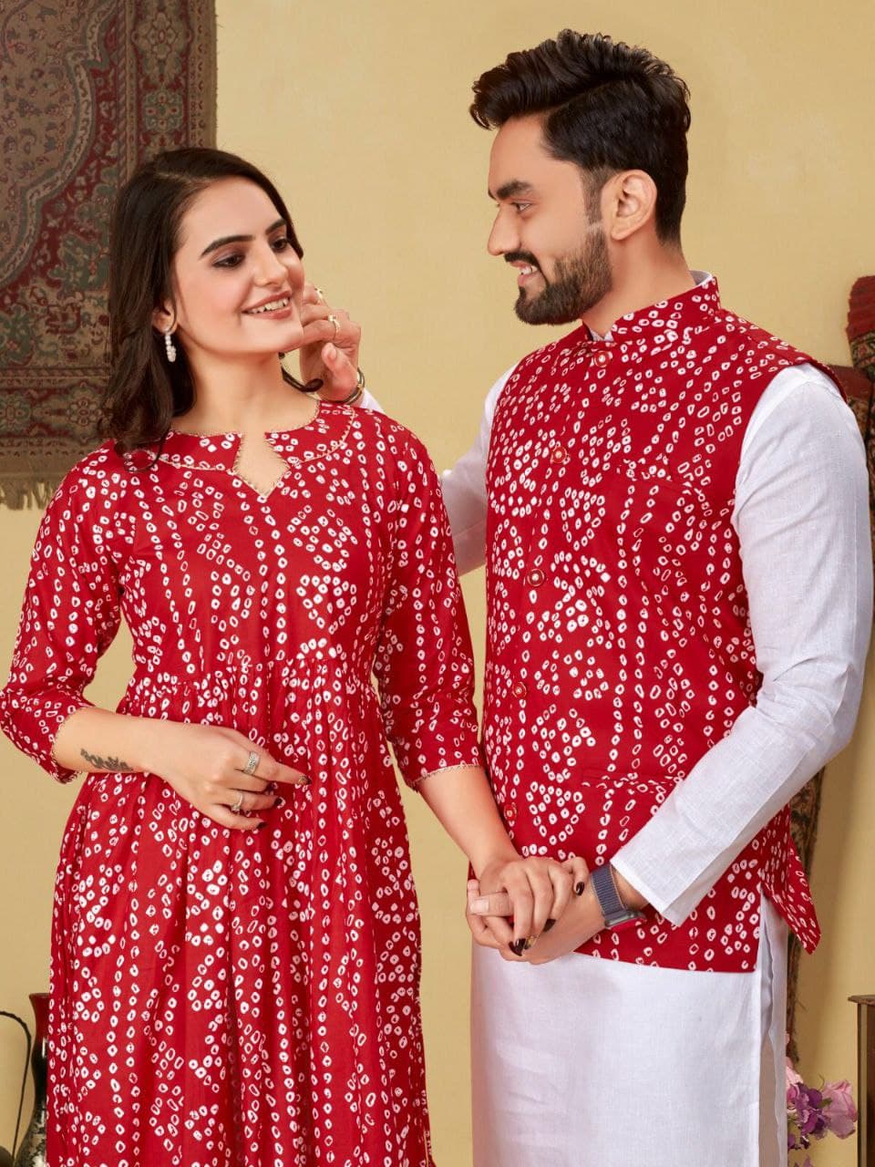 Red Bandhani Cotton Couple Combo – Men's Kurta & Women's Kurti Set Red Bandhani Cotton Couple Combo – Men's Kurta & Women's Kurti Set