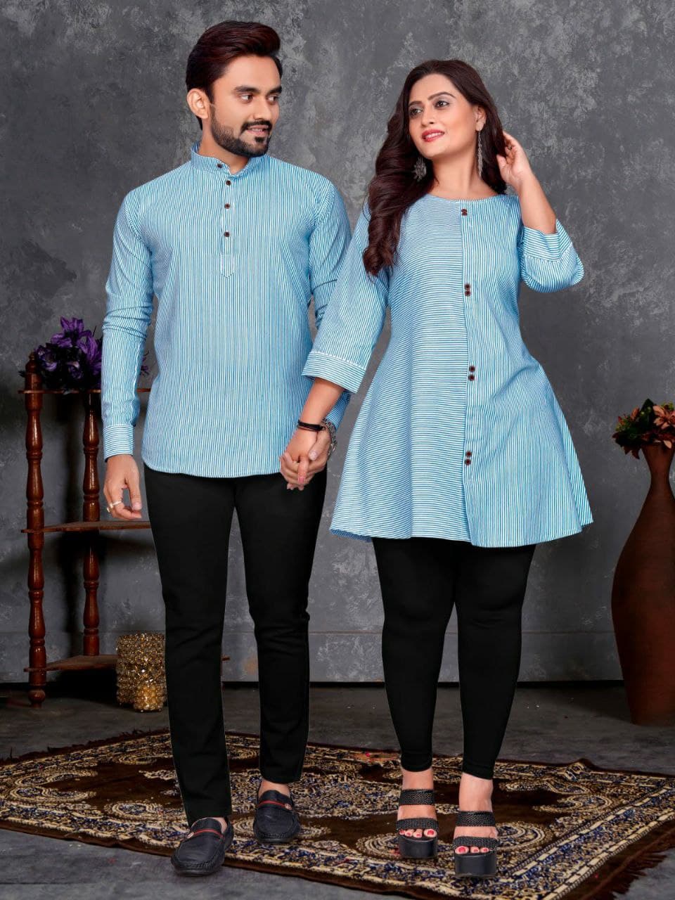 Blue Festive Couple Combo – Men's Short Kurta & Women's Tunic Top Blue Festive Couple Combo – Men's Short Kurta & Women's Tunic Top