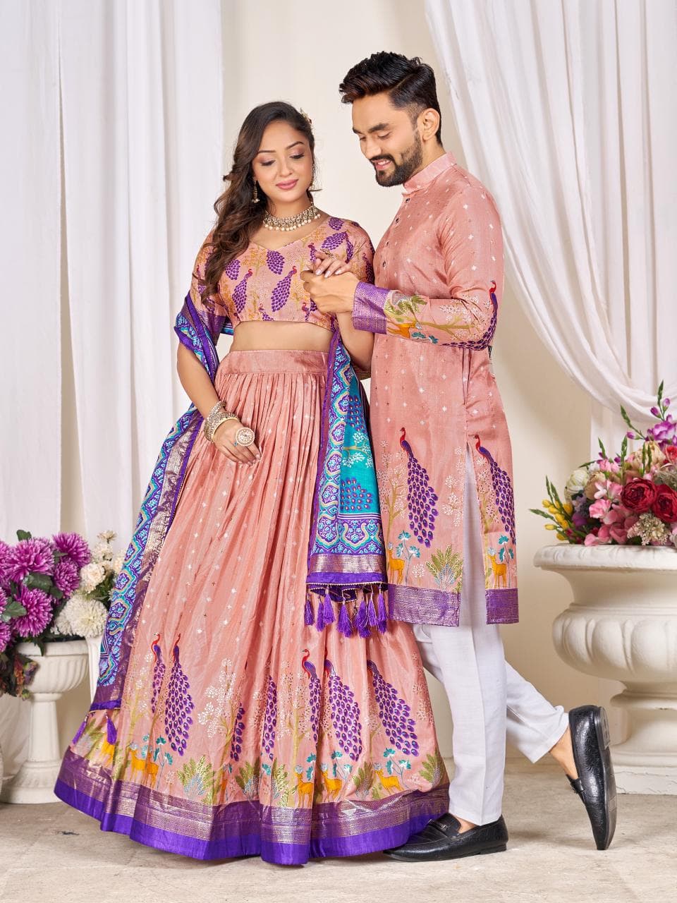 Rose Pink Men's Kurta & Women's Lehenga Choli Set Rose Pink Men's Kurta & Women's Lehenga Choli Set