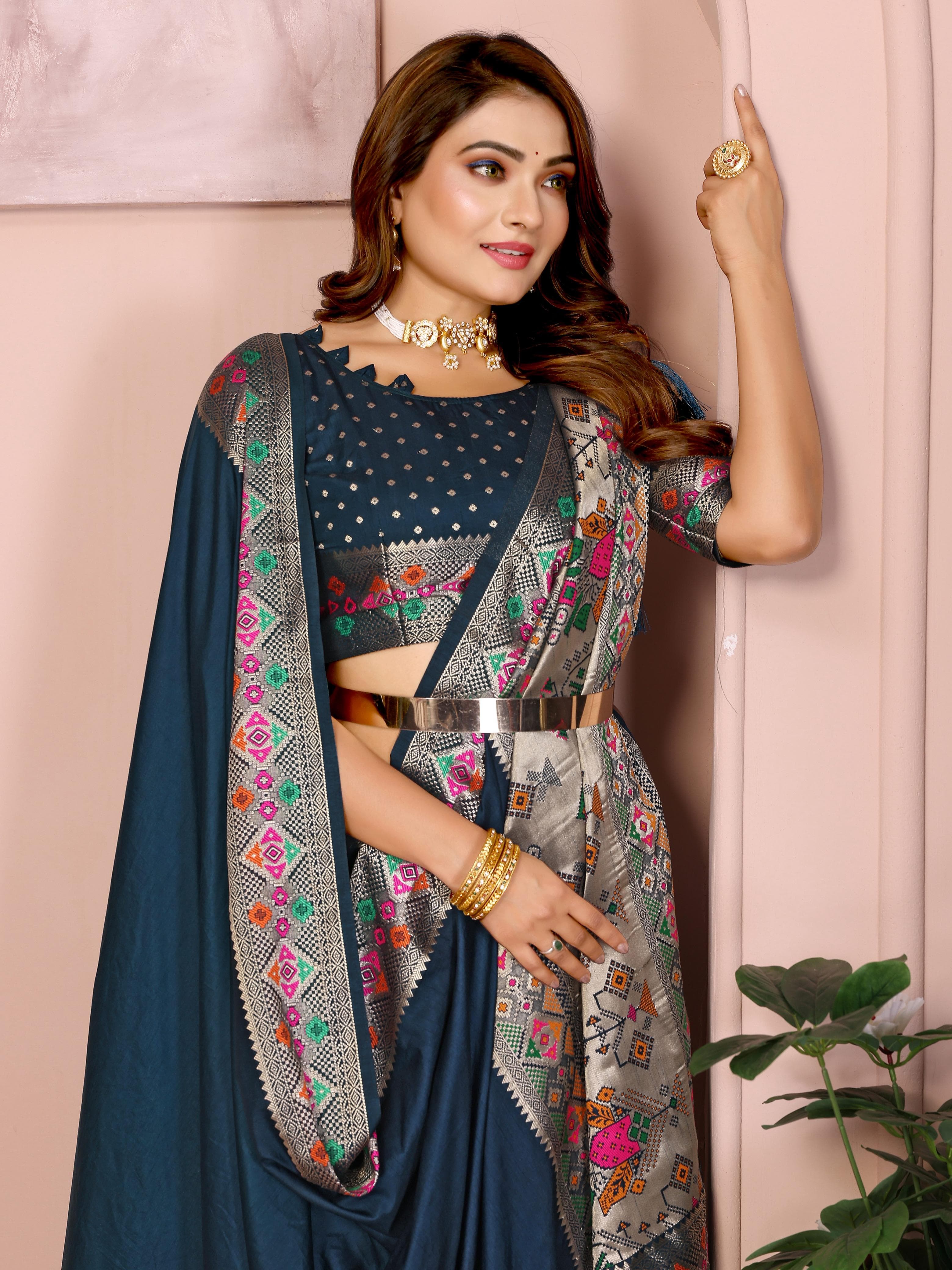 Dark Grey Blue Paithani Silk Saree Dark Grey Blue Paithani Silk Saree