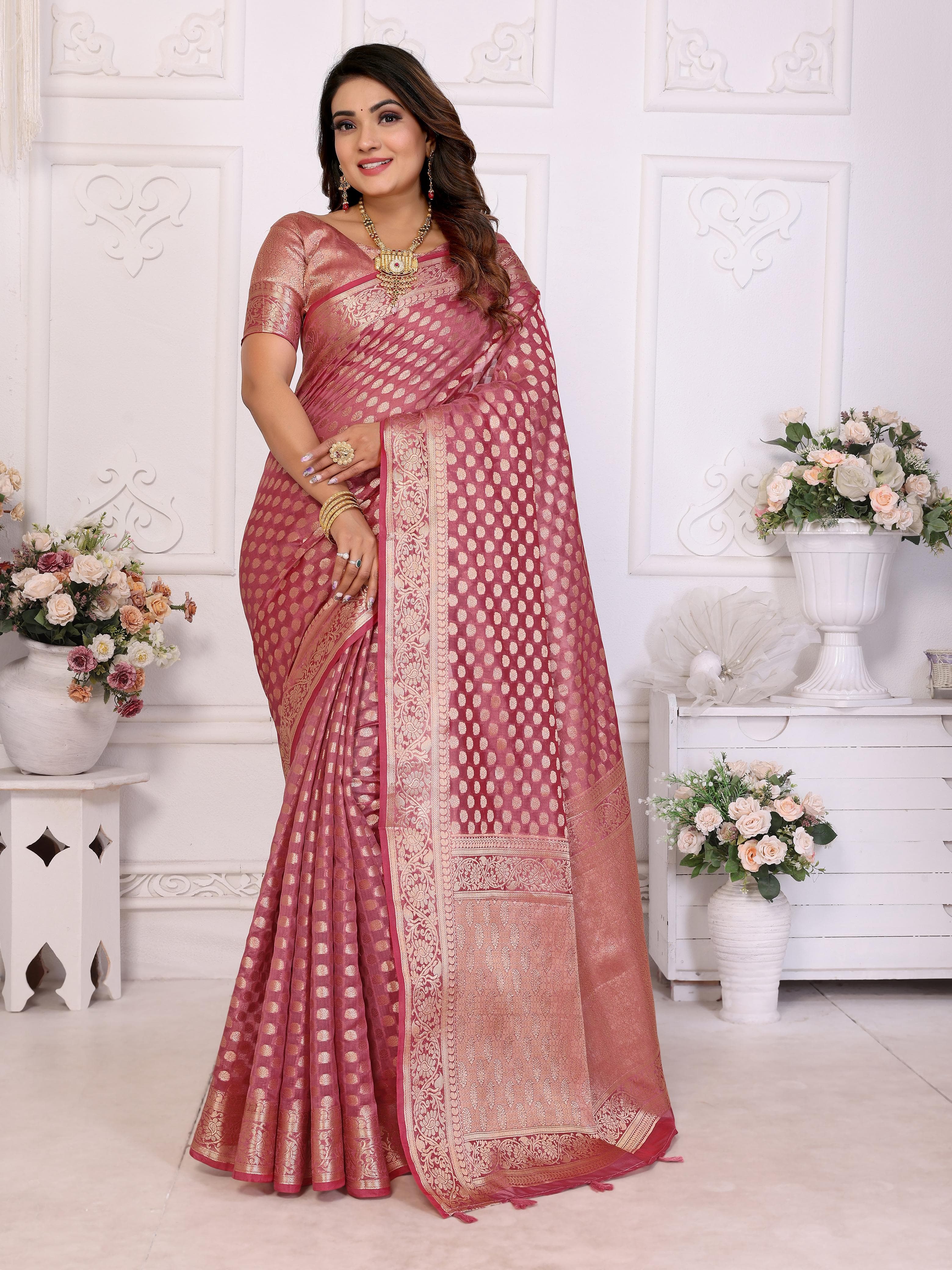 Dusky Rose Soft Organza Silk Banarasi Saree with Gold Jari Border & Intricate Weaving Butti Dusky Rose Soft Organza Silk Banarasi Saree with Gold Jari Border & Intricate Weaving Butti