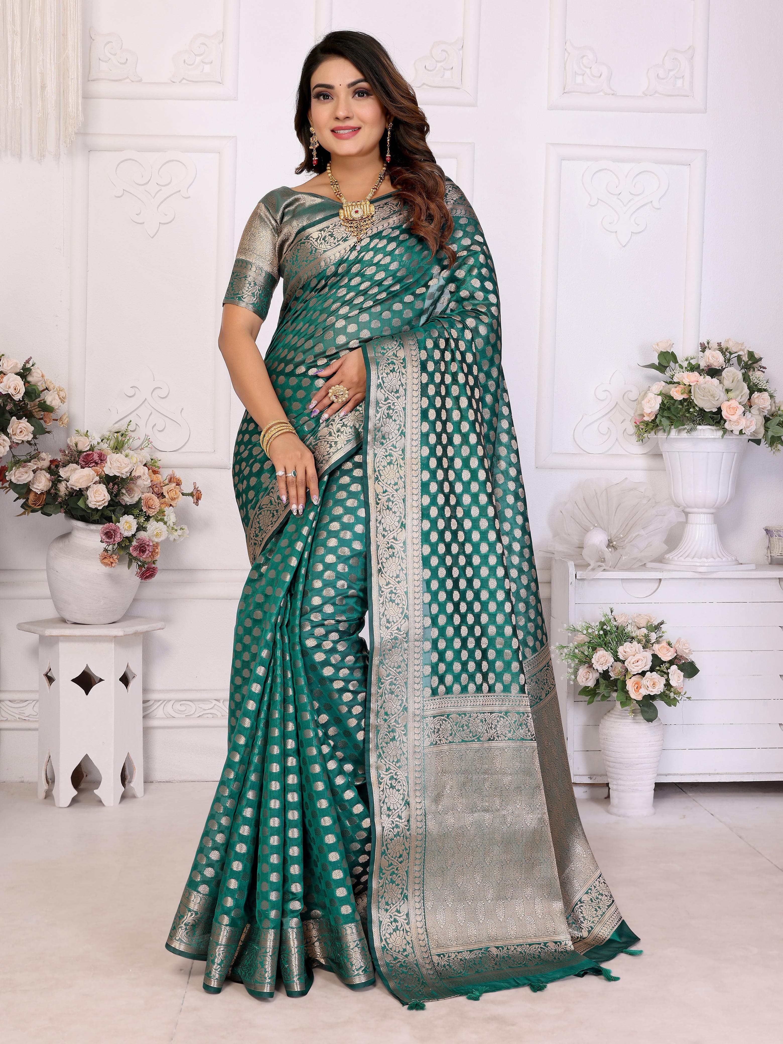 Dusty Teal Soft Organza Silk Banarasi Saree with Gold Jari Border & Intricate Weaving Butti Dusty Teal Soft Organza Silk Banarasi Saree with Gold Jari Border & Intricate Weaving Butti