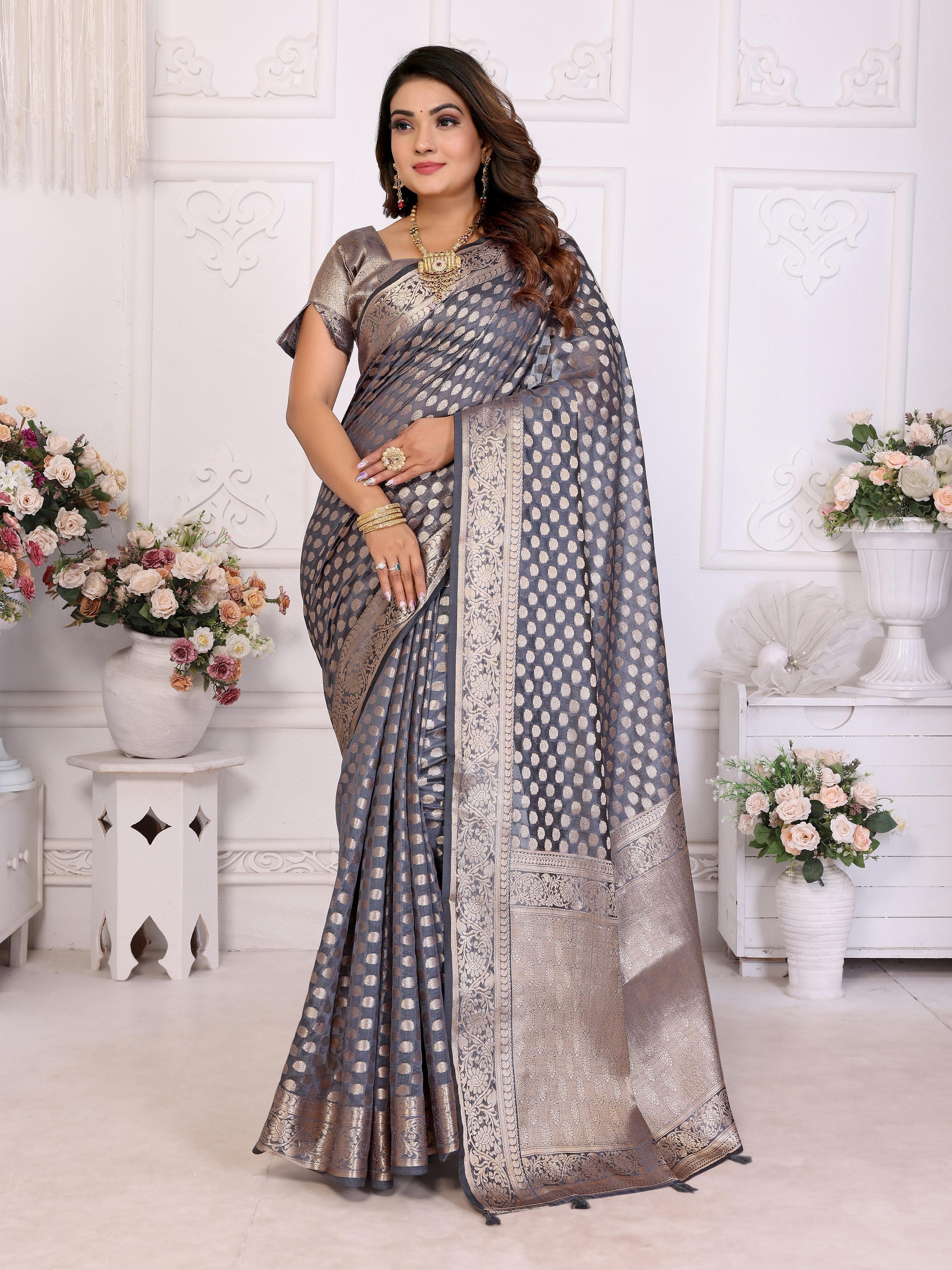 Mid Grey Soft Organza Silk Banarasi Saree with Gold Jari Border & Intricate Weaving Butti Mid Grey Soft Organza Silk Banarasi Saree with Gold Jari Border & Intricate Weaving Butti