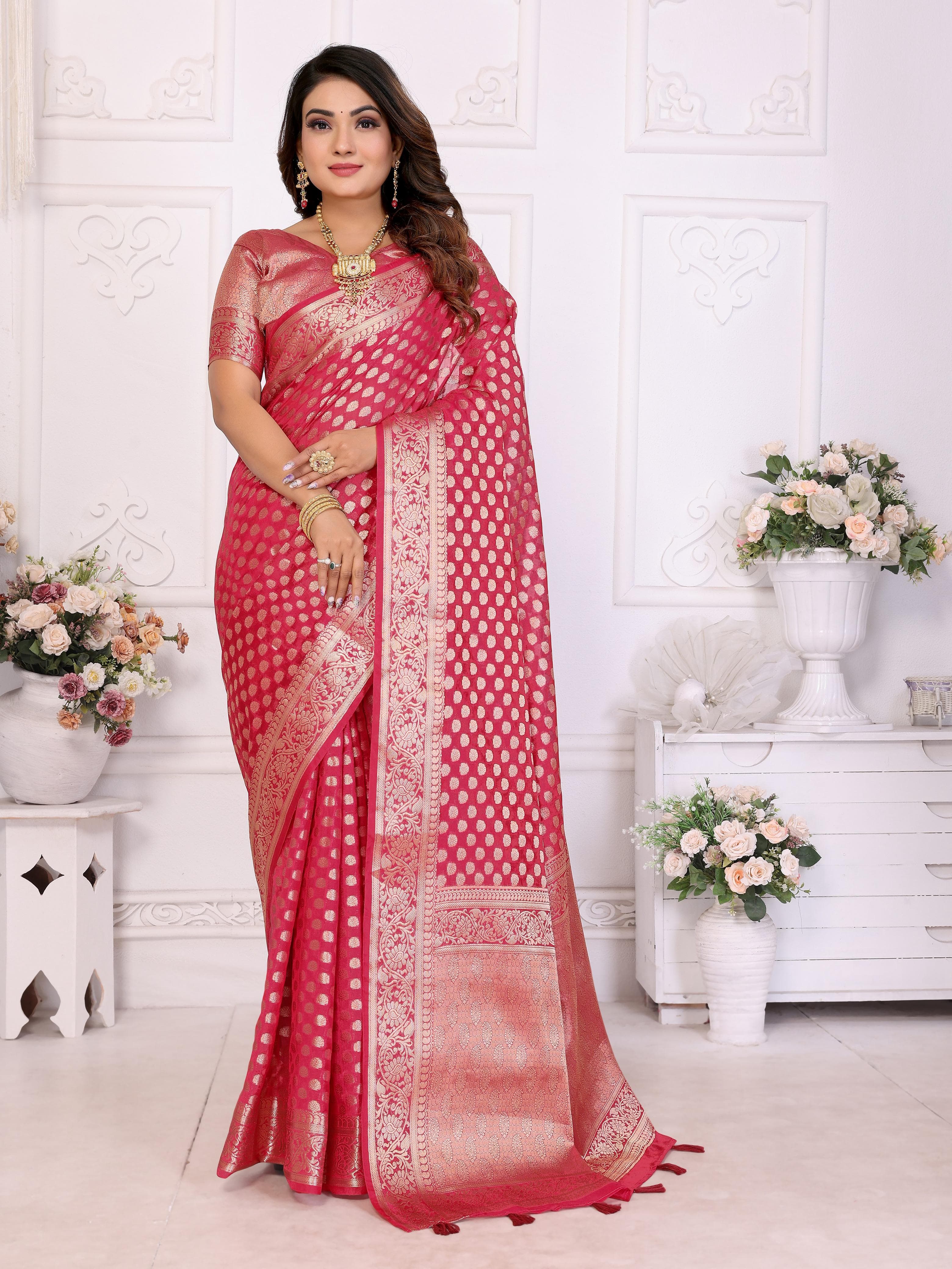 Brick Red Soft Organza Silk Banarasi Saree with Gold Jari Border & Intricate Weaving Butti Brick Red Soft Organza Silk Banarasi Saree with Gold Jari Border & Intricate Weaving Butti