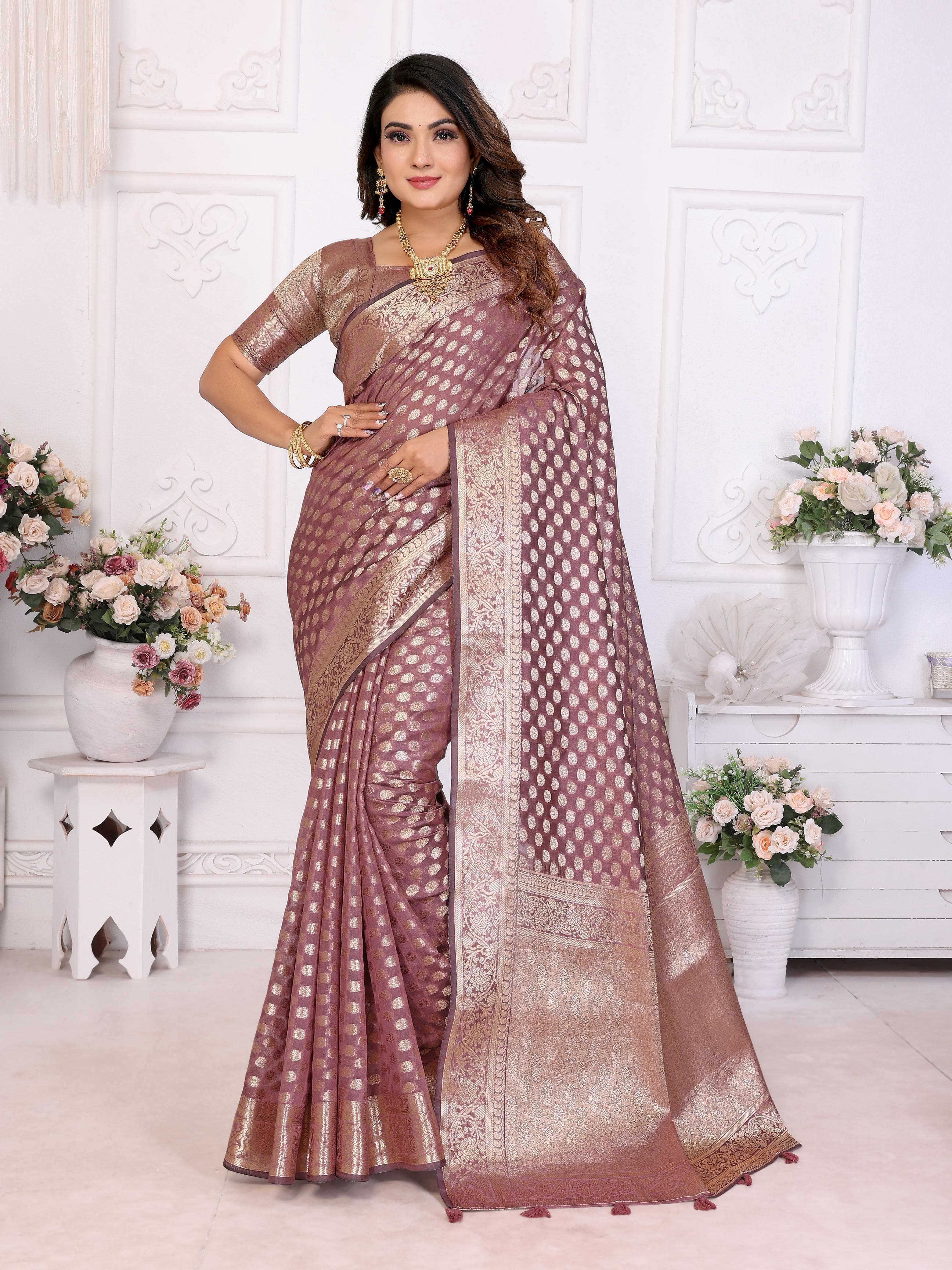 Raspberry Glace Soft Organza Silk Banarasi Saree with Gold Jari Border & Intricate Weaving Butti Raspberry Glace Soft Organza Silk Banarasi Saree with Gold Jari Border & Intricate Weaving Butti