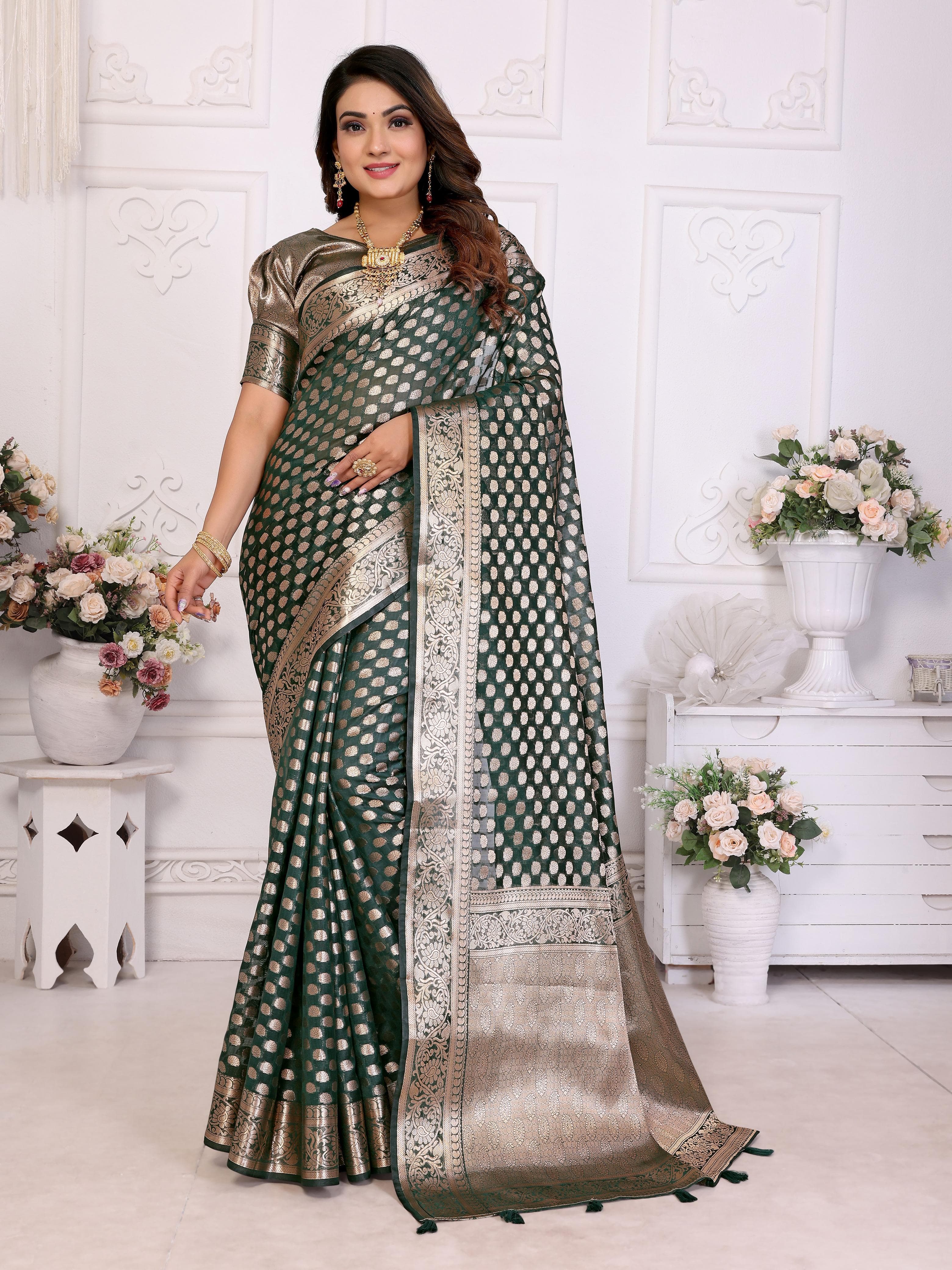 Mineral Green Soft Organza Silk Banarasi Saree with Gold Jari Border & Intricate Weaving Butti Mineral Green Soft Organza Silk Banarasi Saree with Gold Jari Border & Intricate Weaving Butti