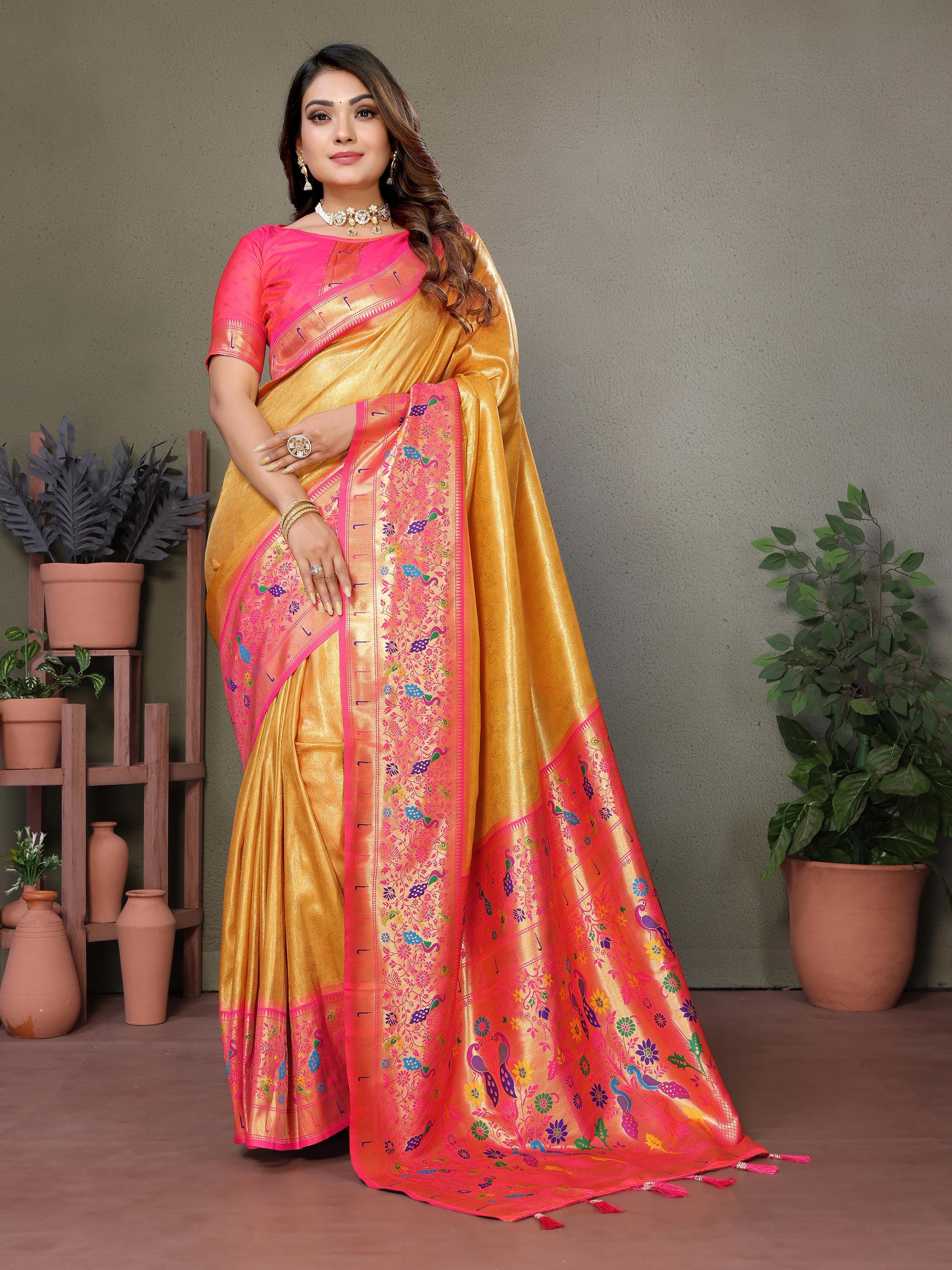 Yellowish Orange Pure Banarasi Tissue Silk Saree Yellowish Orange Pure Banarasi Tissue Silk Saree